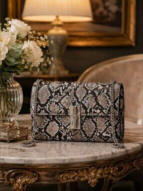 Snake Print Chain Shoulder Bag in Black & Cream